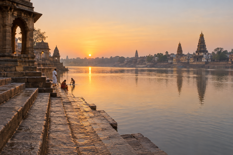 Serene ghats on the Chandrabhaga river in Pandharpur