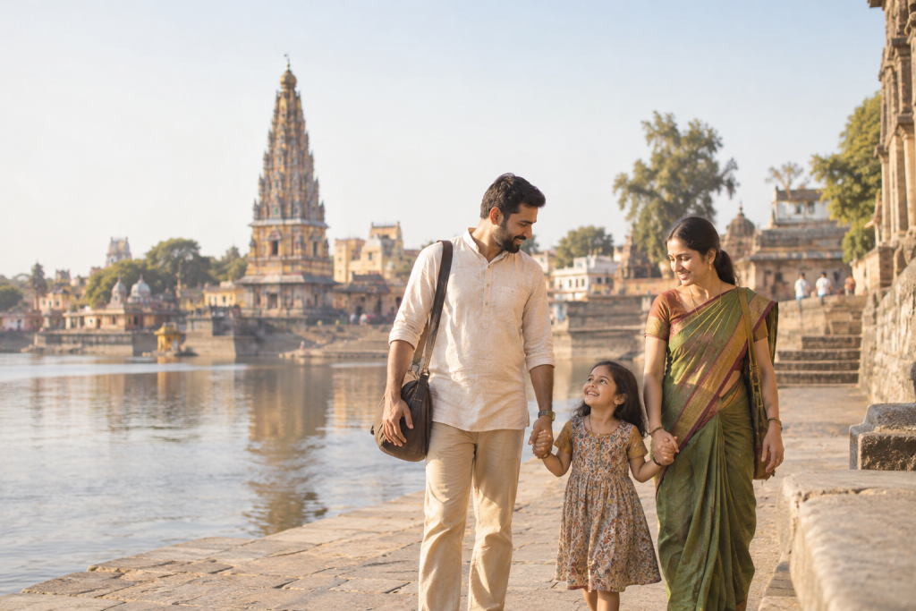 A family walking together during a pilgrimage in Pandharpur