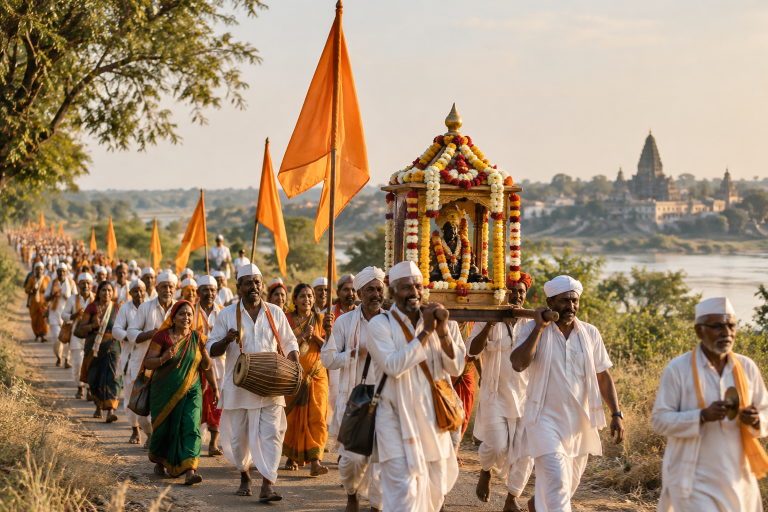 A devotional procession on the Wari pilgrimage to Pandharpur